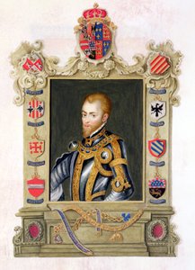 Porträtt av Filip II, kung av Spanien (1527-98) från "Memoirs of the Court of Queen Elizabeth" efter ett porträtt av Titian (ca 1488-1576), publicerat 1825 (wc och gouache på papper)